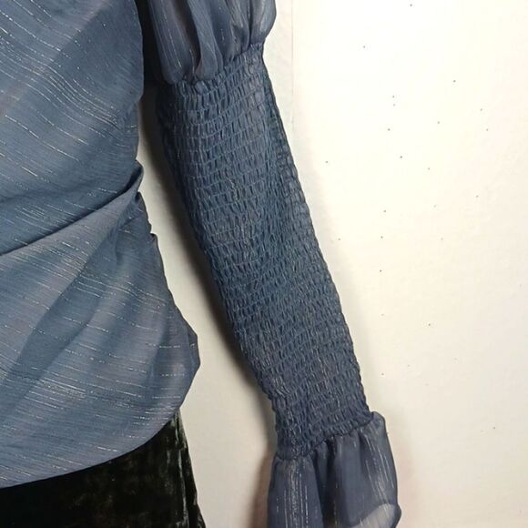 WAYF Whimsigoth Slate blue chiffon ruched long puff sleeve top size small fairy - Picture 5 of 13